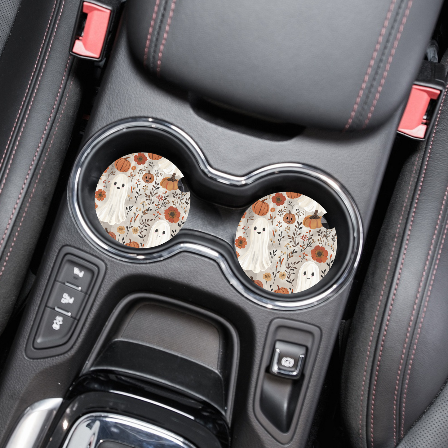 Spooky Floral Ghost Neoprene Car Coasters, Auto Accessories, Fall Vibe, Spooky Aesthetic