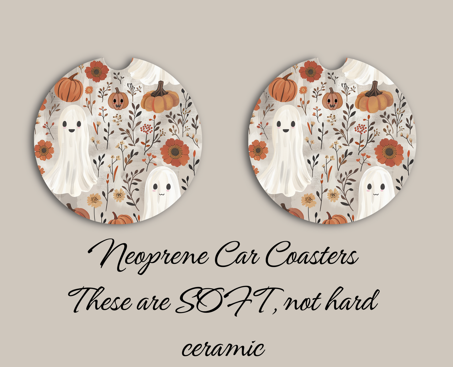 Spooky Floral Ghost Neoprene Car Coasters, Auto Accessories, Fall Vibe, Spooky Aesthetic