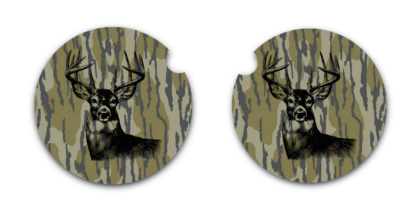 Bottomland Inspired Camo Buck Car Coasters, Soft Neoprene Material, Car Accessories, Set of Two