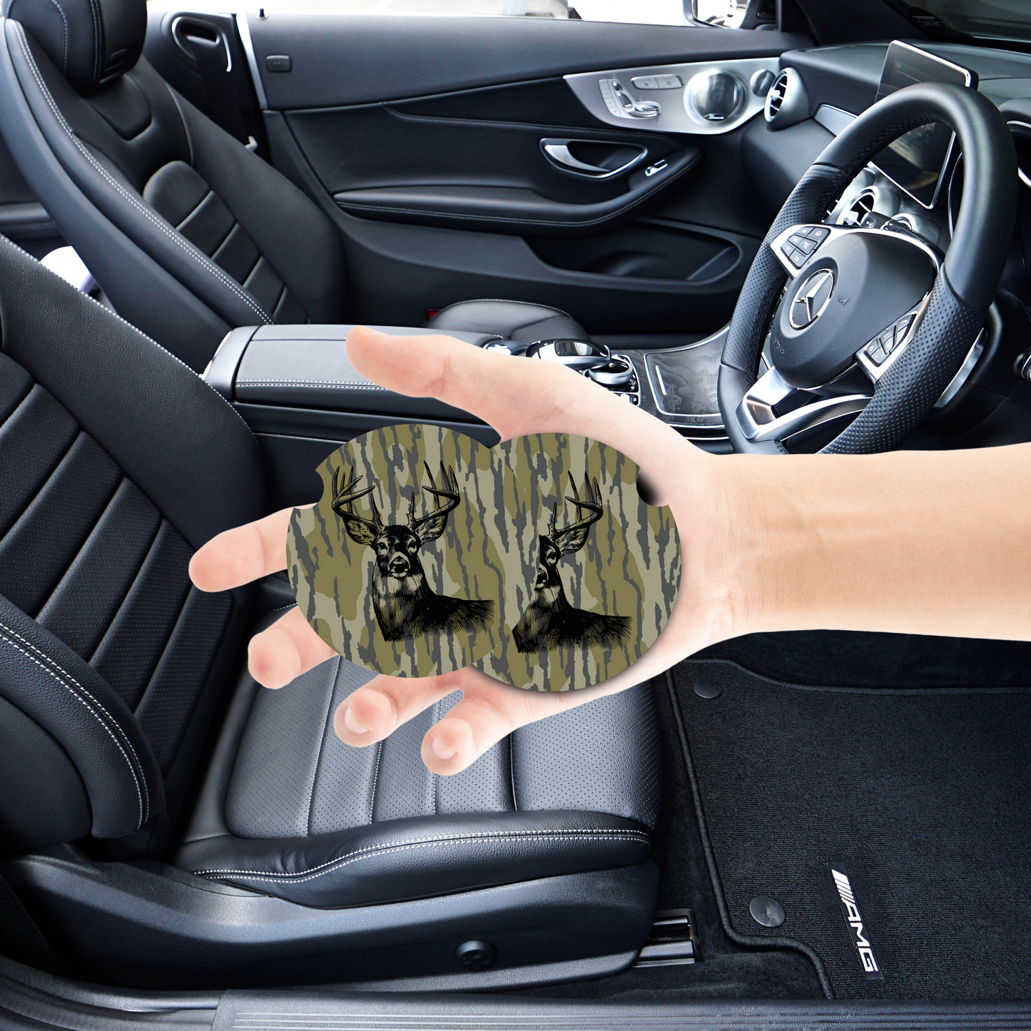 Bottomland Inspired Camo Buck Car Coasters, Soft Neoprene Material, Car Accessories, Set of Two