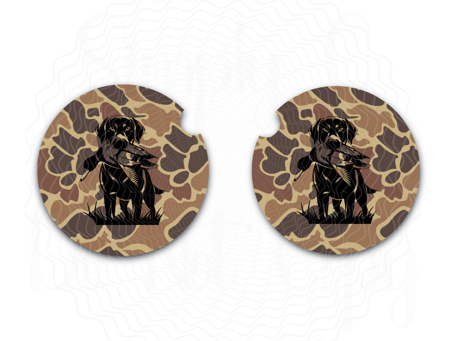 Old School Brown Camo Duck Hunting Car Coasters, Set of Two