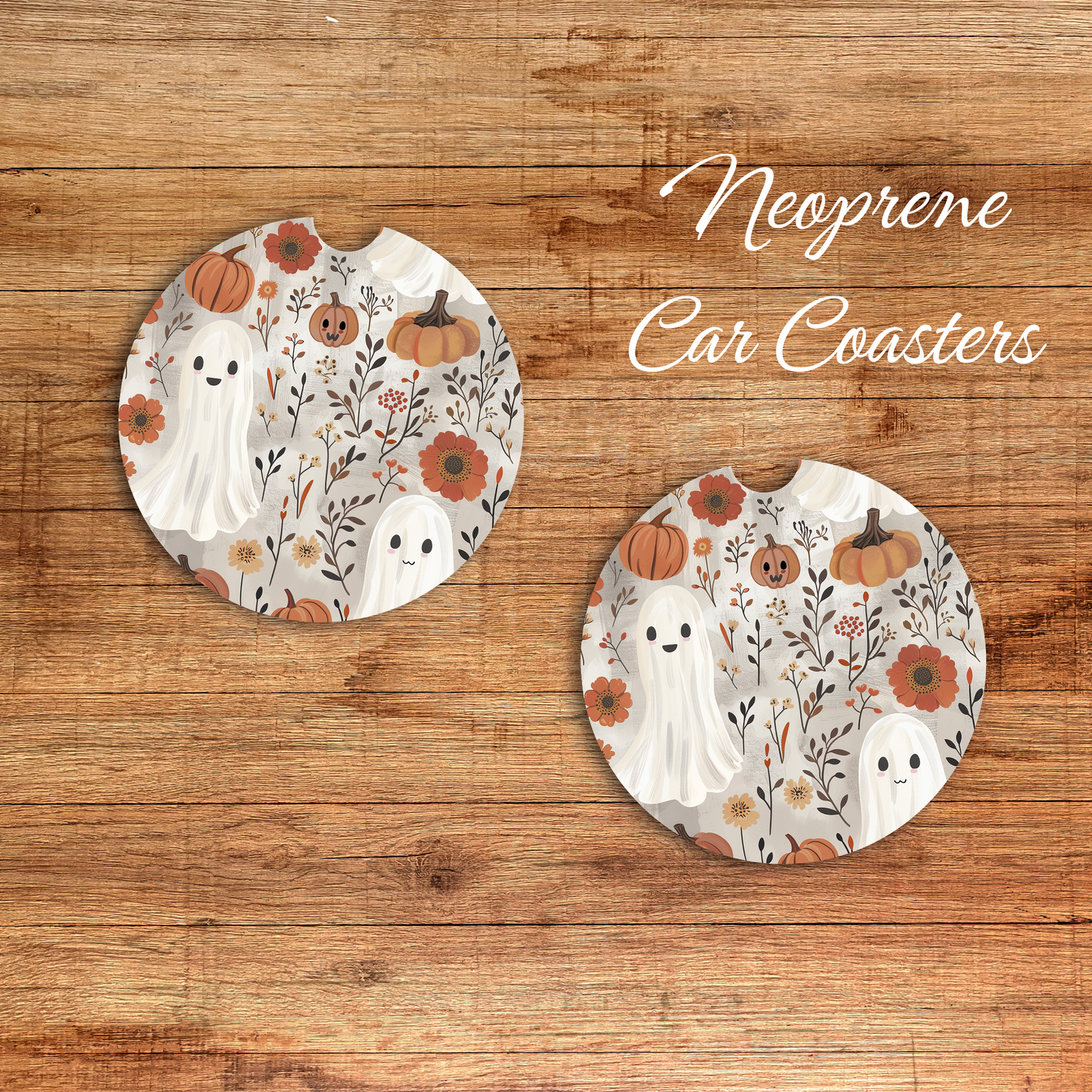 Spooky Floral Ghost Neoprene Car Coasters, Auto Accessories, Fall Vibe, Spooky Aesthetic