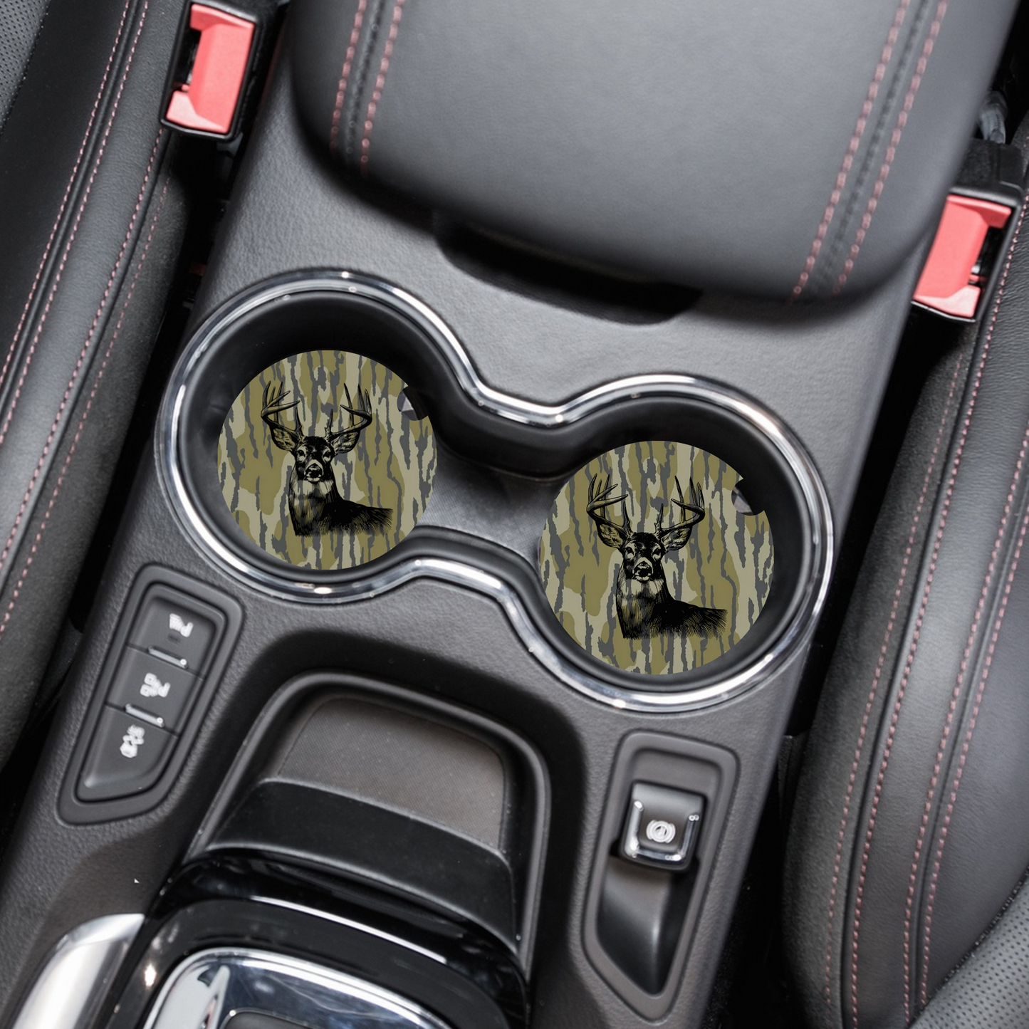 Bottomland Inspired Camo Buck Car Coasters, Soft Neoprene Material, Car Accessories, Set of Two