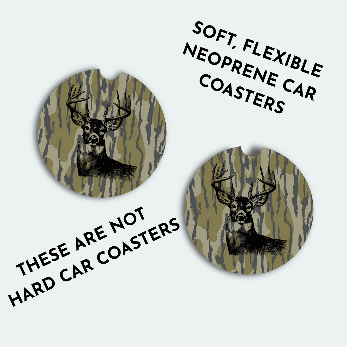 Bottomland Inspired Camo Buck Car Coasters, Soft Neoprene Material, Car Accessories, Set of Two